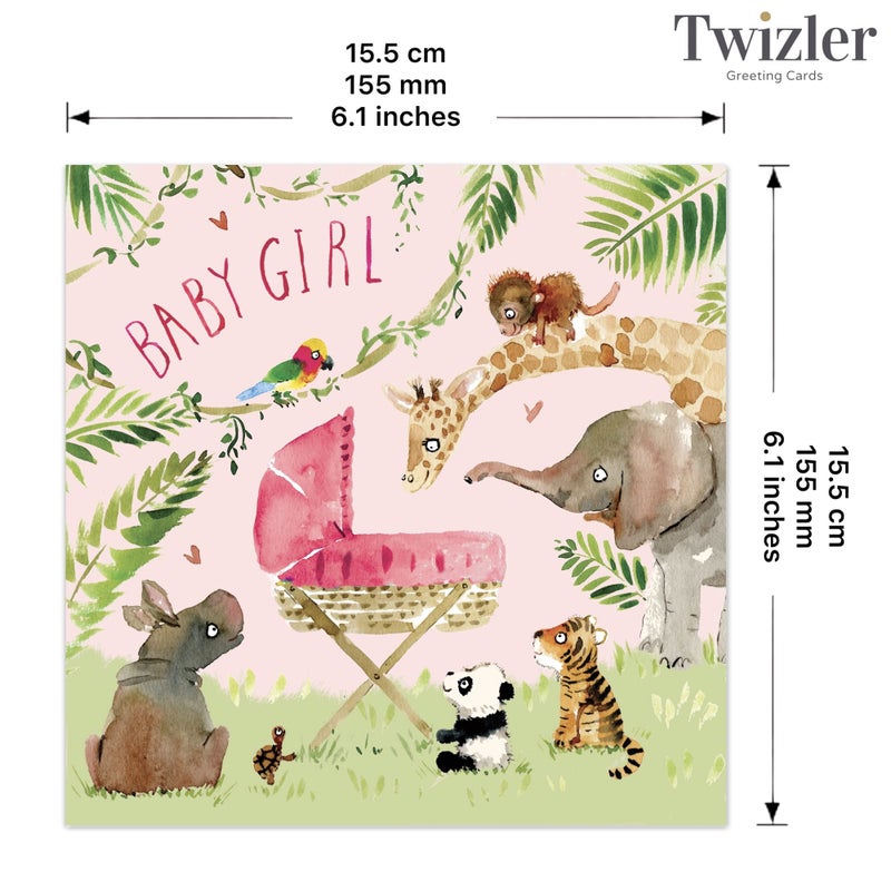 Twizler New Baby Girl Card with Pink Crib and Jungle Animals - Congrats, 6.1 x 6.1 in - Image 3